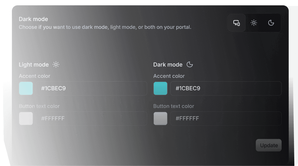 Dark mode theme settings showing light and dark mode accent color configuration